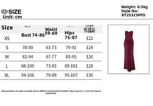 Size chart for the elegant strapless evening gown showing bust, waist and length in cm