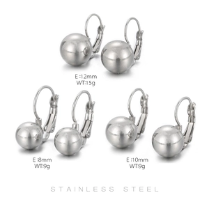 Polished stainless steel ball stud earrings set in 8mm, 10mm, and 12mm diameter sizes