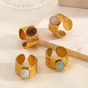 Hammered Stainless Steel Open Ring For Women Vintage Oval Gemstone Inlay Geometric Adjustable Gold Plated Boho Jewelry