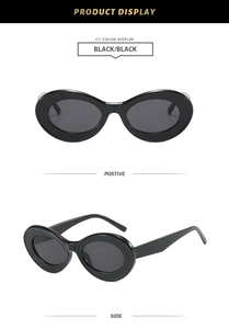Front and side view of retro oval black sunglasses with high-gloss resin frames