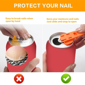 Manual easy can opener in bright orange plastic designed for nail protection and easy lifting