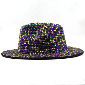 Sparkly Mardi Gras fedora hat with purple, green and gold rhinestones for party wear