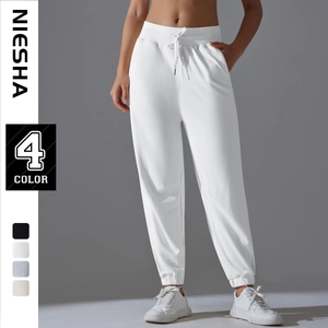 Jogging Femme Taille Haute Pantalon De Sport Mélange De Coton Avec Cordon Et Poches Pour Course Fitness