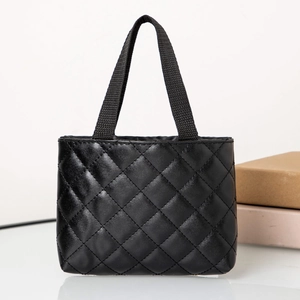 Classic black quilted small tote bag with glossy finish and double fabric handles