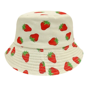 Beige reversible bucket hat with red strawberry print for outdoor sun protection
