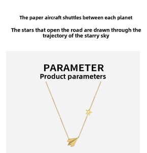 Detail of gold paper plane and hollow star pendant necklace in minimalist style