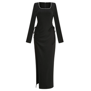 Elegant black square neck dress with pearl trim, long sleeves, and side drawstring slit