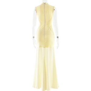 Back view of bodycon fishtail dress featuring transparent mesh hem and hidden zipper