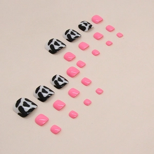 Unghie finte piedi rosa Barbie e motivo mucca, finitura lucida, set da 24 pezzi rimovibili