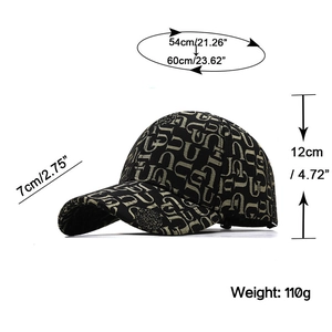 Women's black and gold letter jacquard baseball cap with adjustable strap and size guide