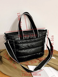 Detailed size parameters for the black quilted puffer crossbody bag with embroidery