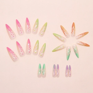 Rainbow gradient stiletto press on nails with colorful drip fluid art design