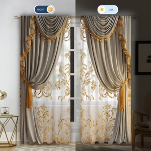 Comparison of grey blackout curtains with gold tassels and sheer lace in day and night light