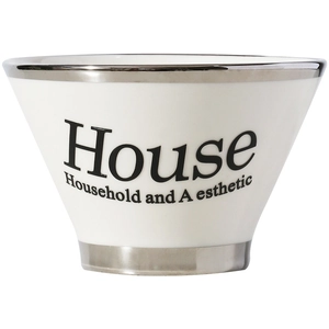 Minimalist white ceramic conical bowl with silver rim and House text print for home use