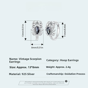 Detailed specs of S925 sterling silver vintage scorpion earrings with blue gemstones
