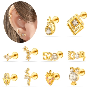 Titanium Alloy Cartilage Earring Internal Thread Labret Stud Cubic Zirconia Piercing Jewelry Numeric Geometric Unisex
