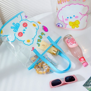 Cartoon PVC transparent tote bag with blue trim and cute bear pattern for beach