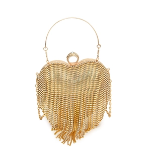 Sparkling gold heart evening clutch with rhinestones and long tassel chain strap