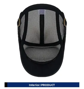 Detail view of the breathable mesh inner lining of the summer flat cap with polyester tag