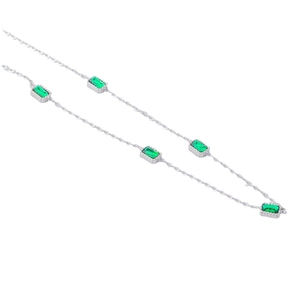 Silver stainless steel necklace featuring five emerald green baguette-cut zircon stones