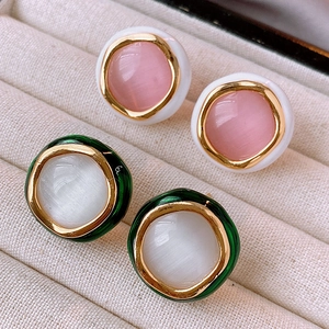 Round Cat Eye Stone Stud Earrings With 925 Sterling Silver Earring Post Copper Enamel Vintage Light Luxury Jewelry For Women