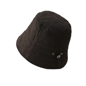 Women's black quilted bucket hat with stylish diamond pattern and adjustable drawstring