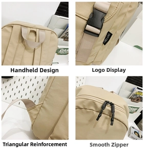 Detalle de asa, hebilla, costuras y cremalleras en la mochila beige de tela Oxford