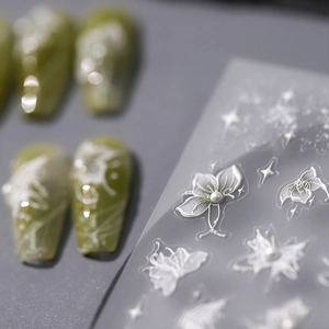 5D embossed nail stickers featuring butterfly and flower designs with pearl accents