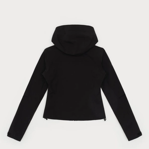 Back view of slim fit black windproof sports jacket with adjustable drawstring hem