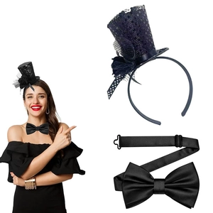 Halloween blue sequined mini witch hat headband and black satin bowtie party set