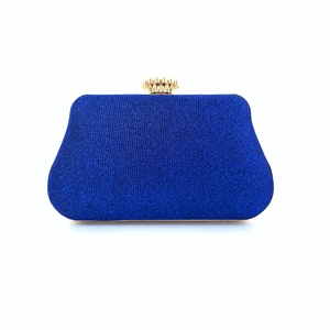Detailed close-up of a royal blue evening bag with glittering sequins and crown clasp