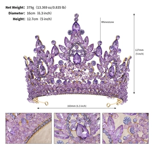 Detailed specs of purple rhinestone tiara with net weight 379g and 16cm diameter