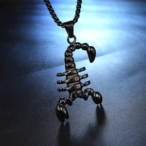 Hip hop black stainless steel scorpion pendant necklace for men and women on blue background