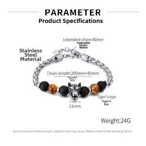 Detailed parameter display for men's wolf head steel bracelet with tiger eye beads
