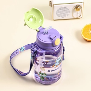 Cartoon kids plastic straw water bottle with strap for school and outdoor activities