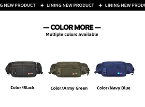 Dettaglio del marsupio in nylon resistente in nero, verde militare e blu navy multi-tasche