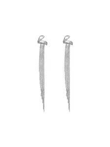 Detail of silver long tassel earrings with elegant geometric streamlined metal design