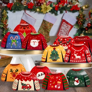 Christmas sweater shaped paper gift boxes with Santa and reindeer patterns for holiday candy