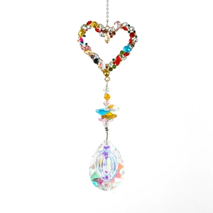 Garden crystal wind chime with heart-shaped colorful gems and faceted prism pendant
