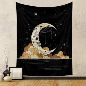 Detailed view of sun and moon tapestry with skull moon and waves for room decoration