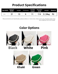 Detailed size chart and multi-color shell bag display with elegant pearl handles