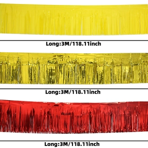 Detail view of 3m macaron tinsel foil fringe curtains in yellow, gold, and red colors