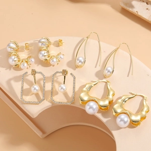 Geometric Copper Earrings 14K Gold Plated With 925 Sterling Silver Earring Post Cubic Zirconia Faux Artificial Pearl For Women