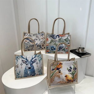 Große Damen Handtasche Aus Baumwoll-Leinen Koreanischer Literarischer Stil Blumen Vogel Elch Druck Schultertasche Für Arbeit
