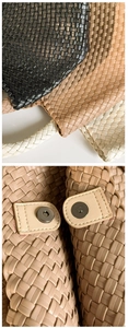 Detail view of woven leather tote bags in multiple colors with magnetic closure