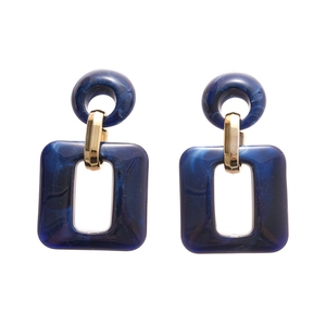 Blue marble acrylic square and round drop earrings with golden metal connectors
