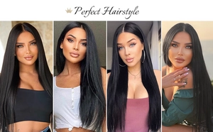 Detailed views of 13x4 lace front long straight black wig on a female model