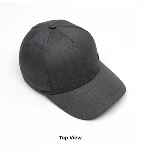 Top view of dark grey baseball cap showing textured fabric and six-panel construction