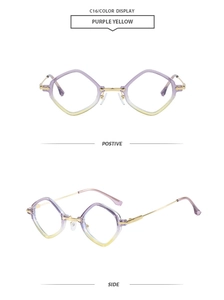 Detail view of rhombic diamond-shaped sunglasses with purple-yellow gradient resin frame