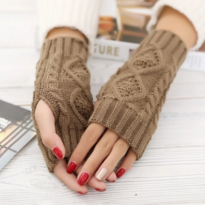 Winter knitted fingerless gloves in brown wool with diamond jacquard and cable knit pattern